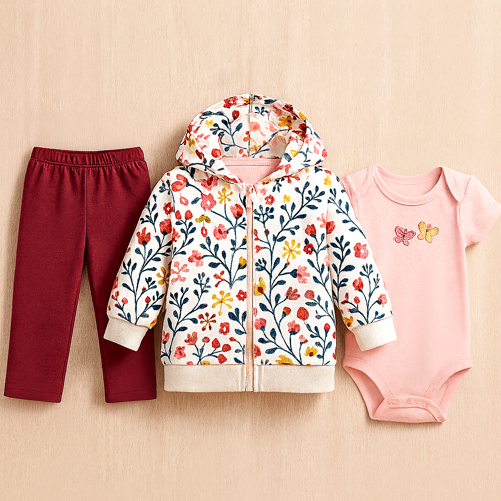 Body rosa, pantalón bordo y abrigo floreado con capucha