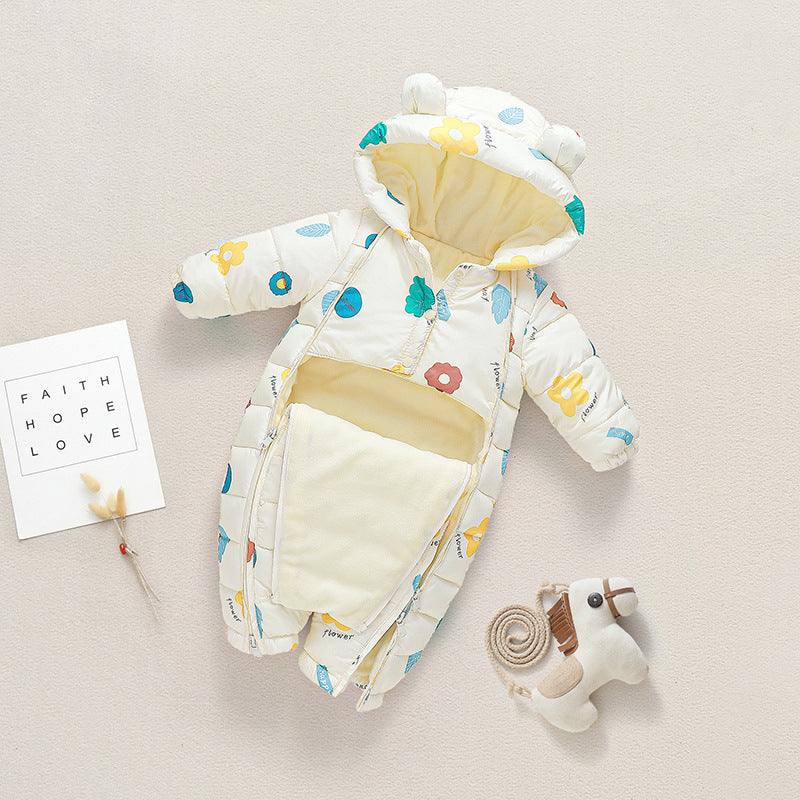 Body enterizo polar crema con estampas, capucha y orejas