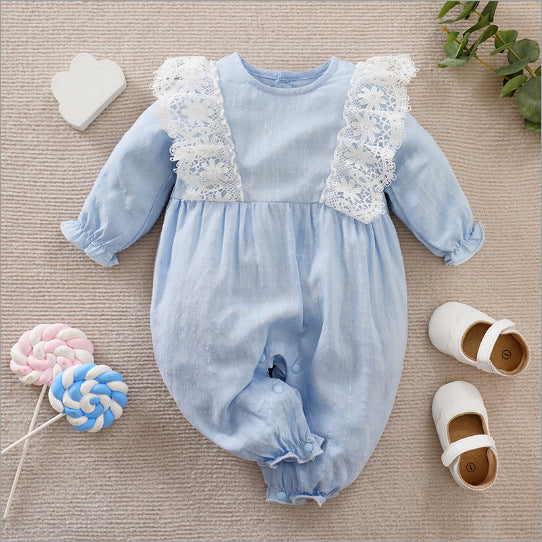 Body enterizo celeste a cuadros con bordados de flores