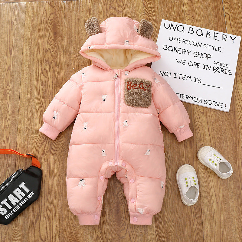 Body enterizo polar con bordado de focas y capucha con orejas