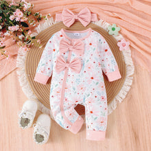 Cargar imagen en el visor de la galería, Body enterizo blanco con estampas de flores, moño y vincha rosa
