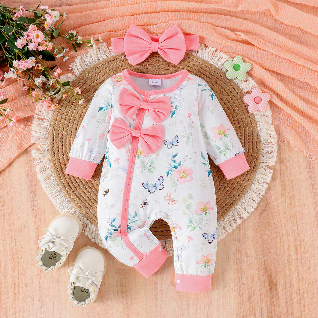 Body enterizo blanco con estampas de mariposas, moños y vincha rosa