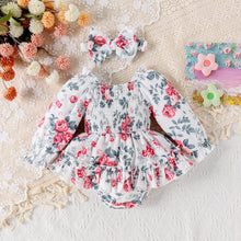Carregar imagem no visualizador da galeria, Body vestido engomado, blanco con estampas de flores y vincha
