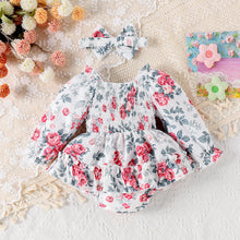 Carregar imagem no visualizador da galeria, Body vestido engomado, blanco con estampas de flores y vincha
