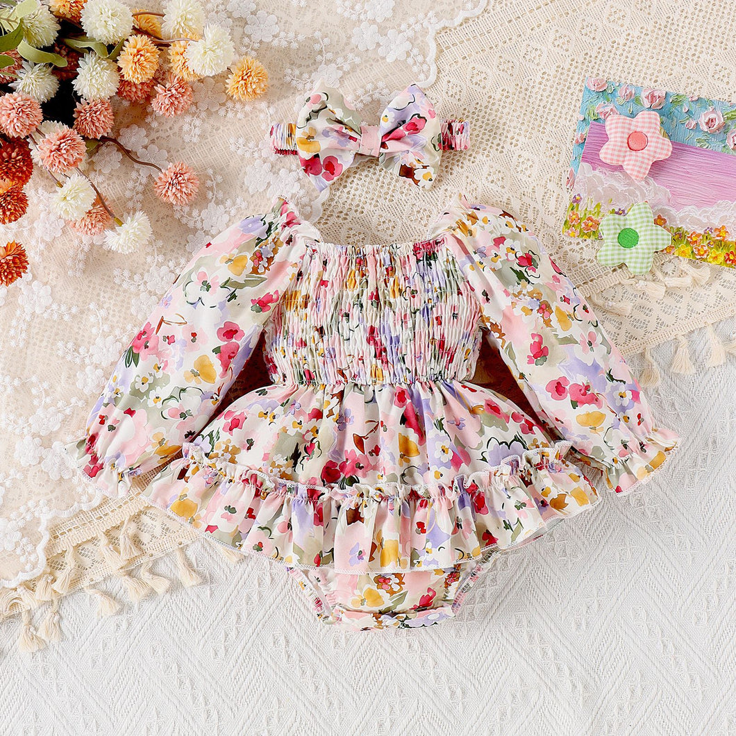 Body vestido engomado, crema con estampas de flores y vincha