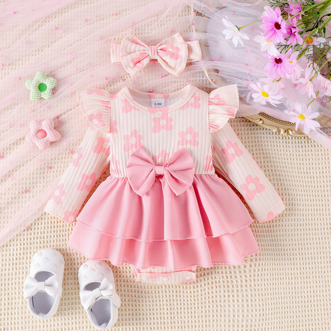 Body acanalado con flores, falda doble y vincha