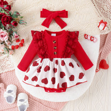 Carregar imagem no visualizador da galeria, Body acanalado rojo, volados con falda de corazones y vincha
