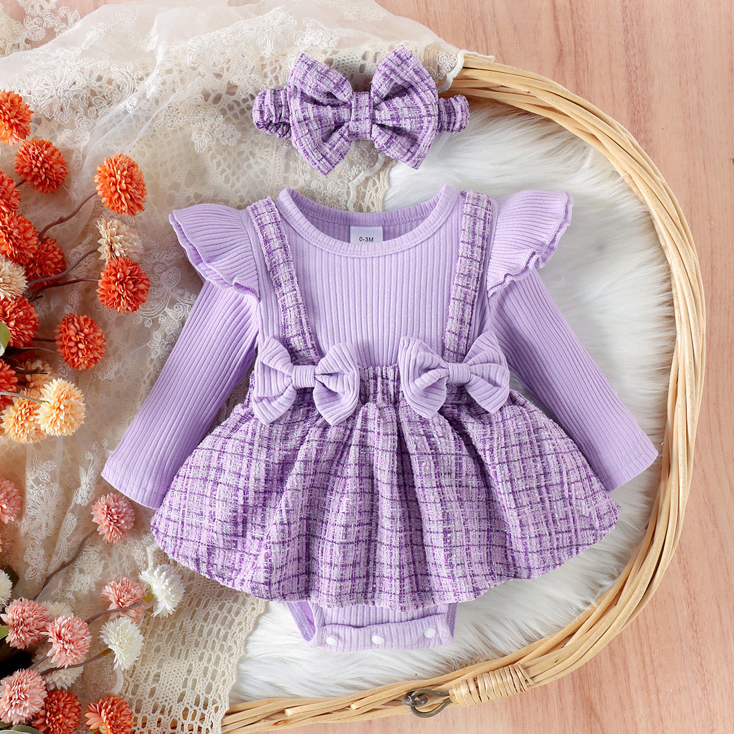 Body lila con volados, falda cuadrille, falso tirante, moños y vincha