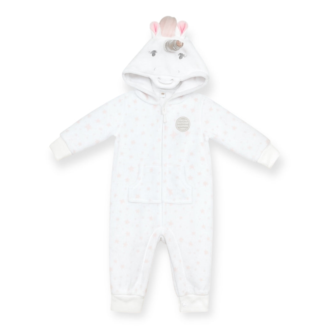 Body enterizo polar blanco con capucha de unicornio y estampas de estrellas
