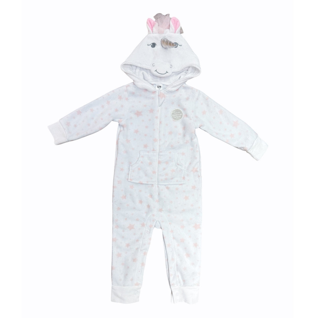 Body enterizo polar blanco con capucha de unicornio y estampas de estrellas