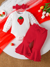 Cargar imagen en el visor de la galería, Body blanco de frutilla y pantalón pata ancha con vincha rojo
