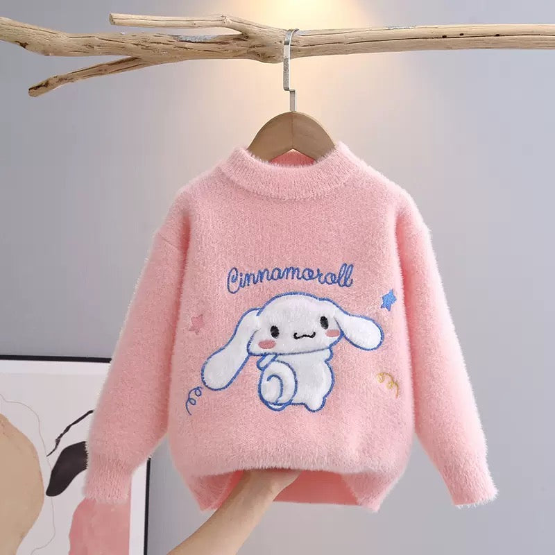 Abrigo de hilo peludo rosa con bordado de Cinnamoroll (Sanrio)
