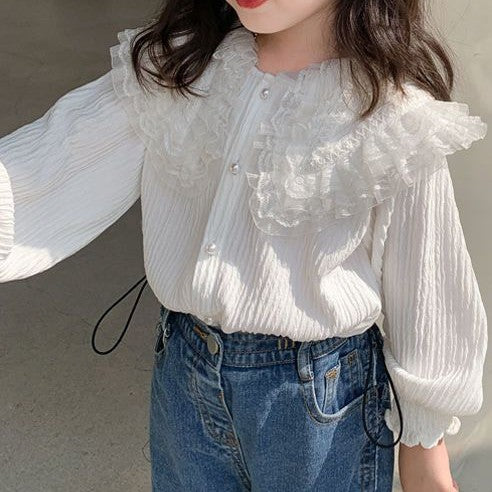 Camisa blanco con volados y encajes de tul