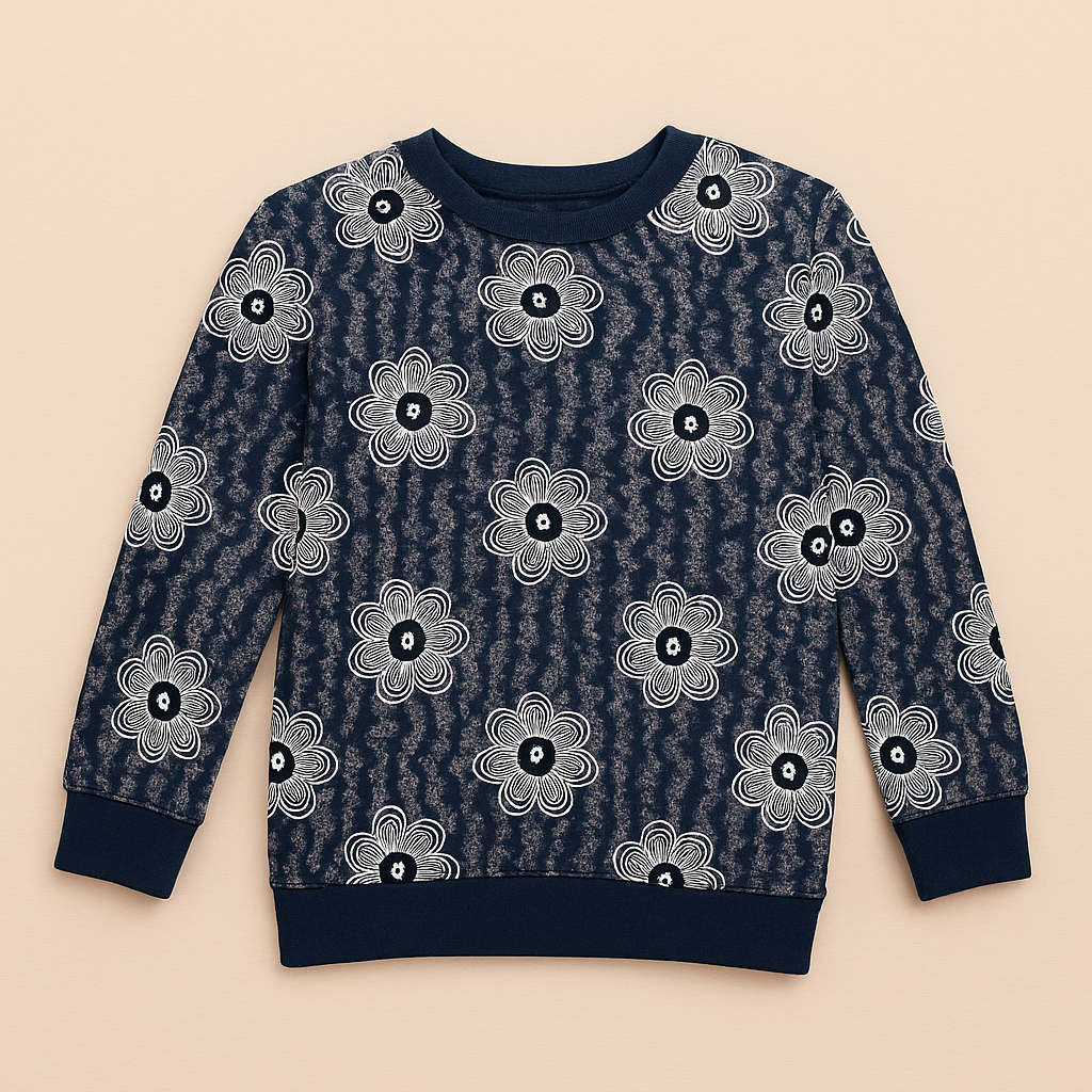 Abrigo de hilo negro, forrado con estampas de flores