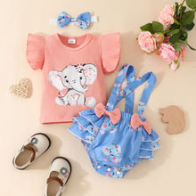 Cargar imagen en el visor de la galería, Blusa salmón con cubre pañal celeste de elefantes con tirantes y vincha

