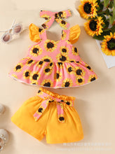 Carregar imagem no visualizador da galeria, Blusa con estampas de girasoles, short mostaza con cinto y vincha

