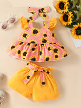 Carregar imagem no visualizador da galeria, Blusa con estampas de girasoles, short mostaza con cinto y vincha
