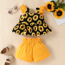 Carregar imagem no visualizador da galeria, Blusa con estampas de girasoles, short mostaza con cinto y vincha
