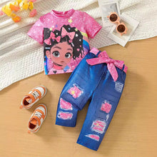 Carregar imagem no visualizador da galeria, Blusa pink con estampas y leggins tipo jeans con cinto
