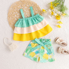 Carregar imagem no visualizador da galeria, Blusa amarillo de tres colores, short con estampas de piña y cinto
