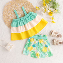 Carregar imagem no visualizador da galeria, Blusa amarillo de tres colores, short con estampas de piña y cinto
