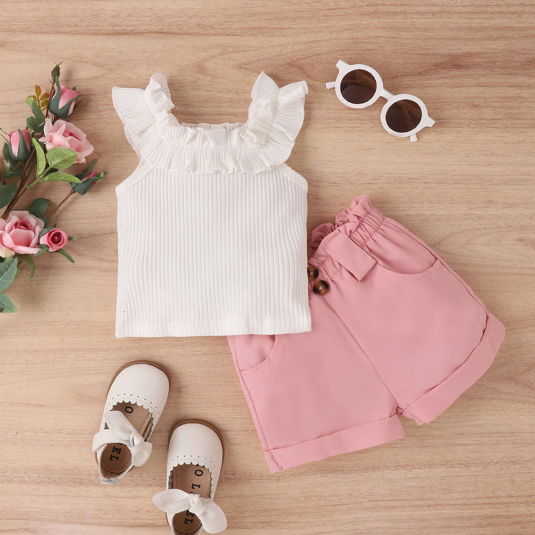 Blusa blanca acanalado con volado y short