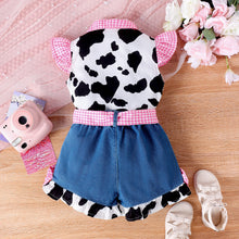 Carregar imagem no visualizador da galeria, Camisa cuadrille rosa de vaca con, short jeans con cinto
