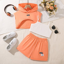 Carregar imagem no visualizador da galeria, Crop top blanco, blusa con capucha y short naranja
