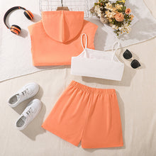 Carregar imagem no visualizador da galeria, Crop top blanco, blusa con capucha y short naranja

