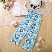 Carregar imagem no visualizador da galeria, Crop top blanco con palazo estampado celeste
