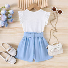 Cargar imagen en el visor de la galería, Blusa blanco con moño, short celeste y cinto
