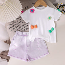 Carregar imagem no visualizador da galeria, Blusa blanco con detalles y short jeans lila
