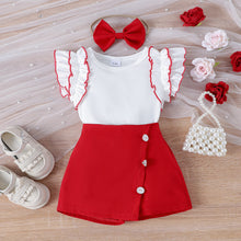 Carregar imagem no visualizador da galeria, Blusa blanco con volados y short pollera rojo con vincha
