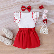 Carregar imagem no visualizador da galeria, Blusa blanco con volados y short pollera rojo con vincha
