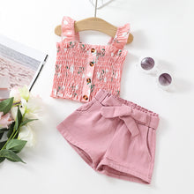Carregar imagem no visualizador da galeria, Blusa engomado con estampas de flores y short con cinto
