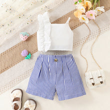 Cargar imagen en el visor de la galería, Blusa blanco con volados y short a rayas azul tipo jeans
