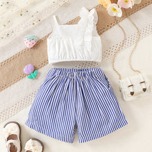 Cargar imagen en el visor de la galería, Blusa blanco con volados y short a rayas azul tipo jeans
