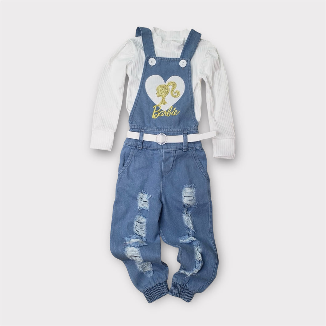 Blusa mangas largas acanalada con jardinera jeans de Barbie y cinto