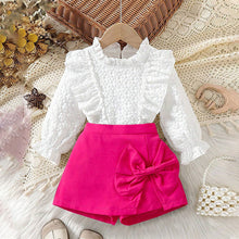 Cargar imagen en el visor de la galería, Blusa blanca con volados y short pollera pink con moño
