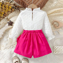 Cargar imagen en el visor de la galería, Blusa blanca con volados y short pollera pink con moño
