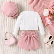 Cargar imagen en el visor de la galería, Blusa blanca con detalles en la cintura y short pollera rosa con boina
