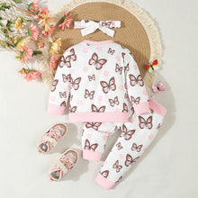 Cargar imagen en el visor de la galería, Blusa con pantalón blanco de mariposas y vincha
