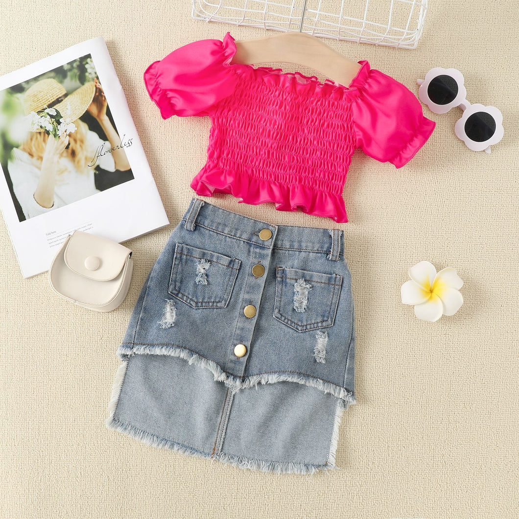 Blusa engomado pink y pollera jeans rasgado