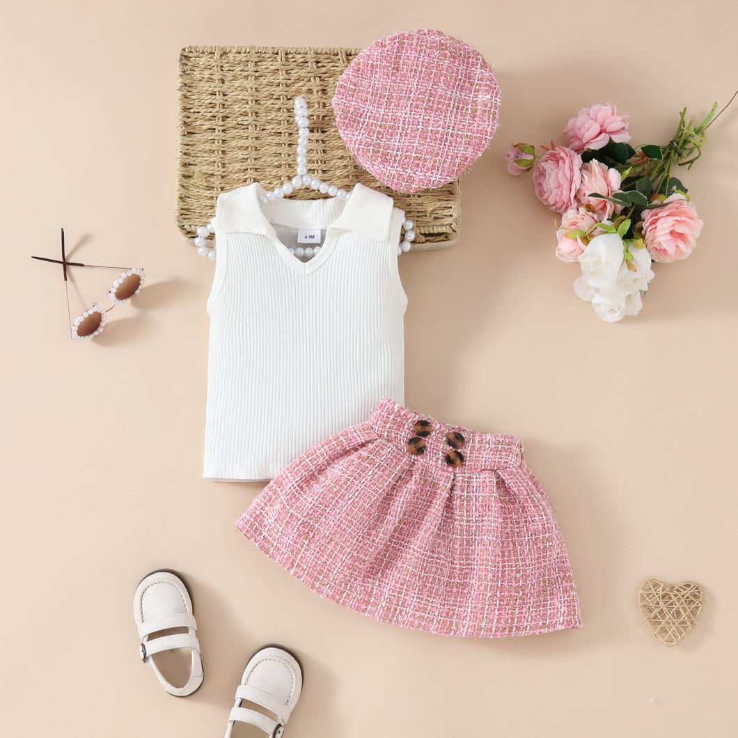 Blusa blanca pollera cuadrille con boina