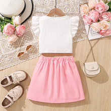 Cargar imagen en el visor de la galería, Crop top blanco con volados  y pollera rosa con botones
