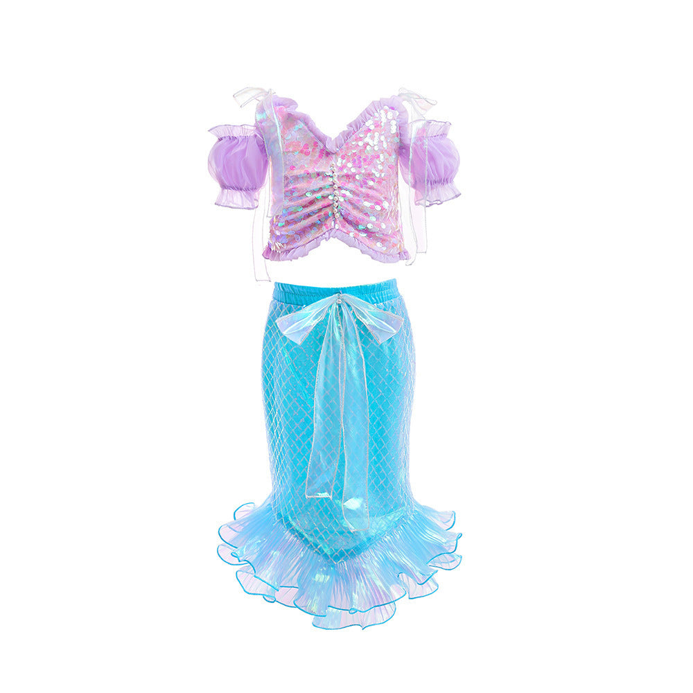 Crop top lila con lentejuelas y pollera estilo Sirena