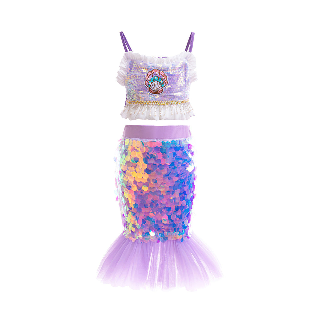 Crop top lila y pollera con lentejuelas estilo Sirena