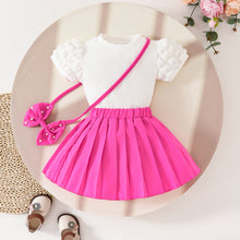 Carregar imagem no visualizador da galeria, Blusa acanalado blanco y pollera pink tableado con detalle de moño
