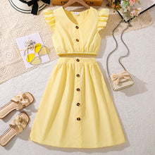 Carregar imagem no visualizador da galeria, Crop con volados y pollera larga a rayas amarillo con botones
