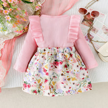 Carregar imagem no visualizador da galeria, Blusa rosa acanalada con volados y pollera floreado con moño
